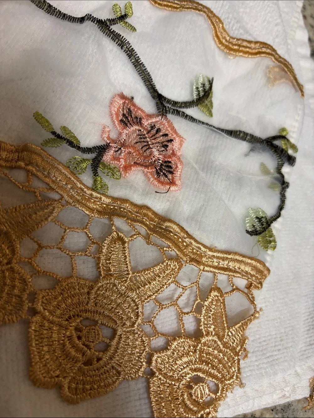 Embroidered Floral Garden White Hand Towel and Washcloth with Gold Lace Trim